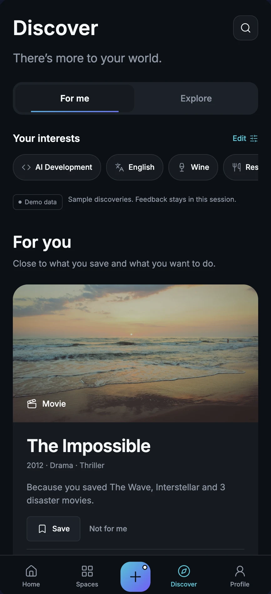 MENEXO Discover preview with interests and a movie suggestion