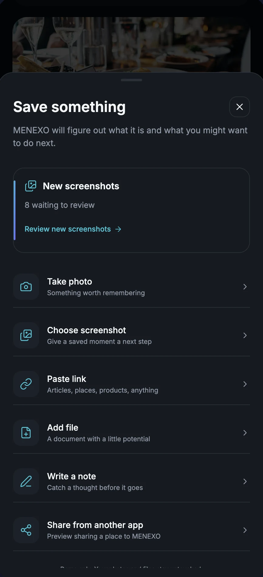 MENEXO Save something screen: photo, screenshot, link, file, note or share